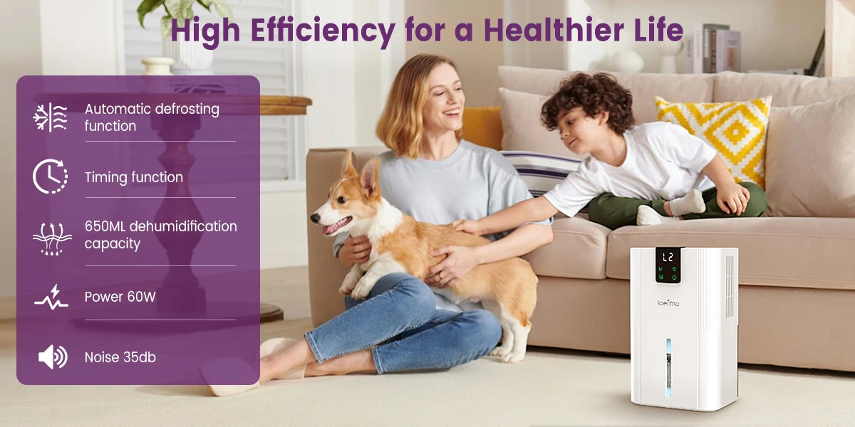 LOEFME Silent Dehumidifier 2.8L Large Air Dehumidifier 650ml/Day with Touch Display LED Light for Home Bedroom Office Basement.