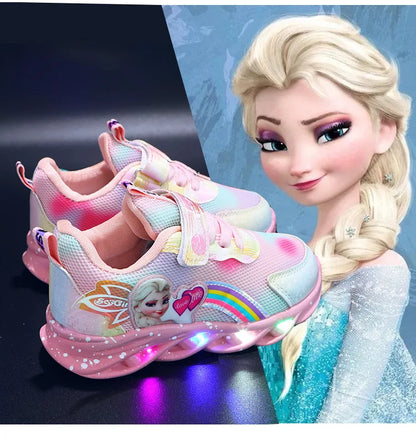 Disney Casual Sneakers LED Lighted For Spring Girls Frozen Elsa Princess Rainbow Outdoor Children Non-slip Pink Purple Shoes.