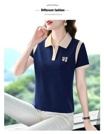 Fashionable Short Sleeve Polo Shirt Women's Summer Sporty Hong Kong Style Top High End Mixed Fabric Slim Fit T-Shirt.