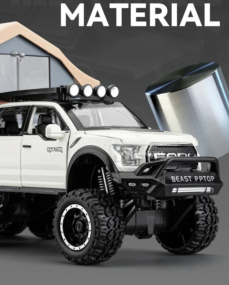 1/24 Scale Raptor F150 Alloy Cars Models Toys 6 Doors Opened Camping RV Diecast Model Light Sound Vehicle for Boys Birthday Gift.