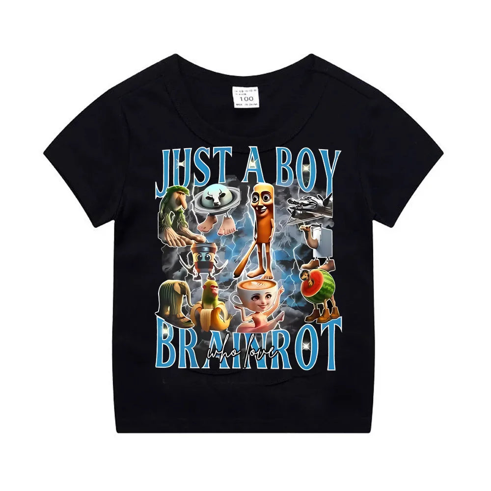 Just A Boy Who Love Brainrot Meme Italian Bootleg Boys Girls Kids T-Shirt AI Italian Animals Y2k Graphic Outfit Cotton Tees.