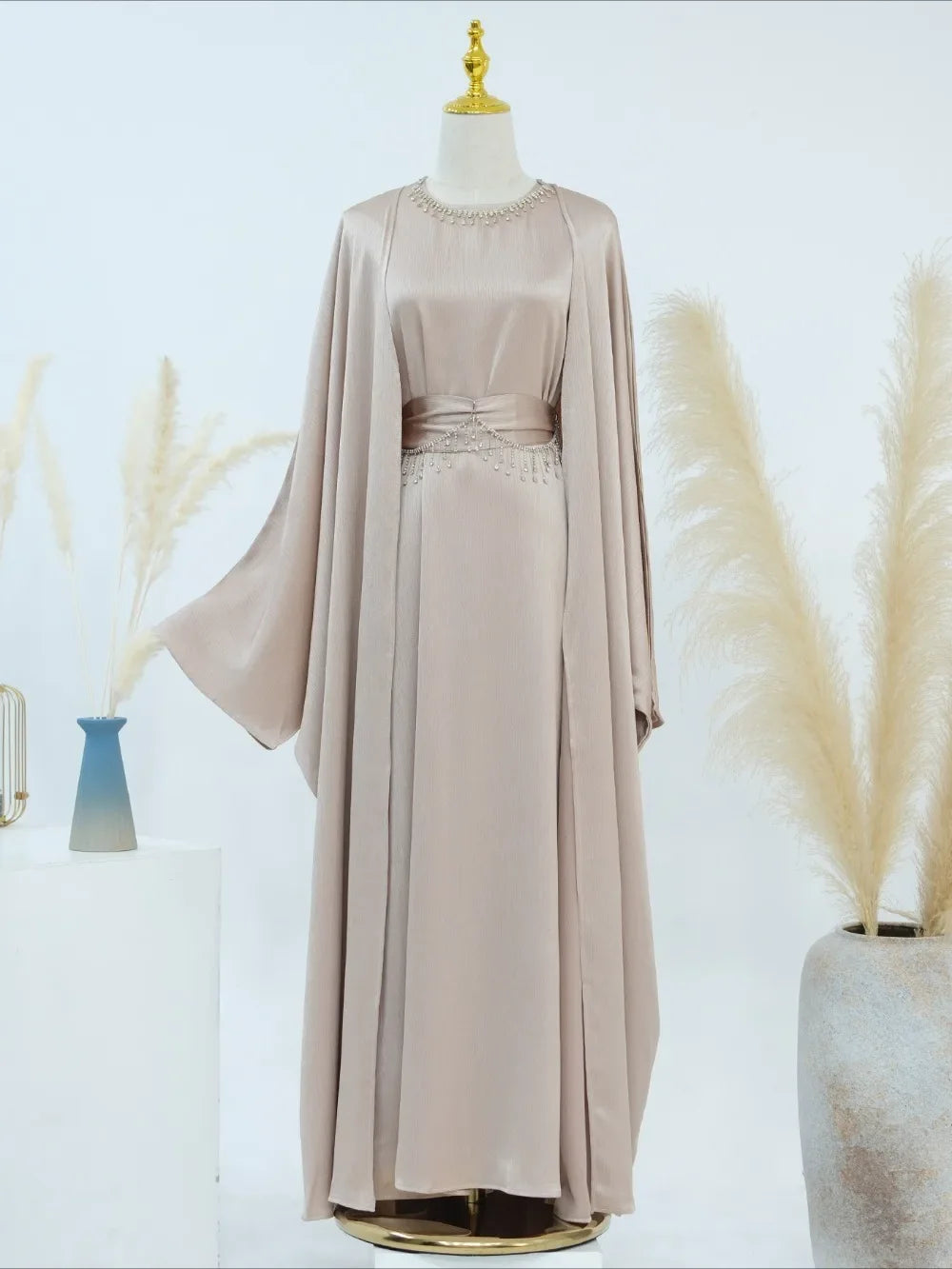 Ramadan Muslim Women 2 Piece Set with Chain Party Dresses Abaya Eid Jalabiya Sashes Diamond Morocco Dubai Kaftan Cardigan Robe