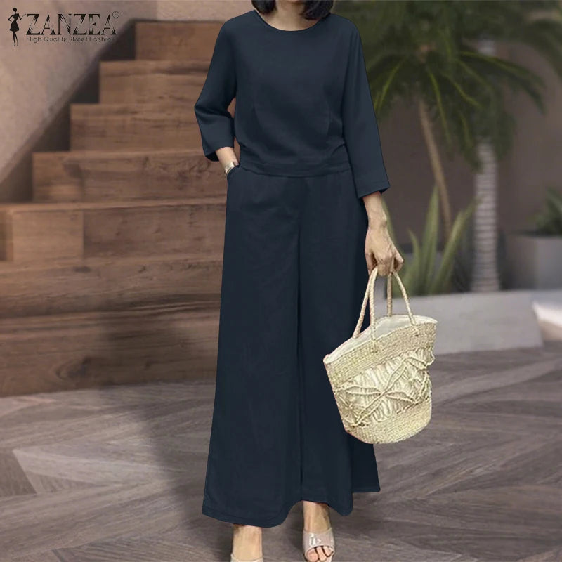 ZANZEA 2025 Women Autumn Matching Sets Solid Outfits Vintage Casual O Neck Long Sleeve Tops Pant Sets Fashion OL Work Tracksuit.