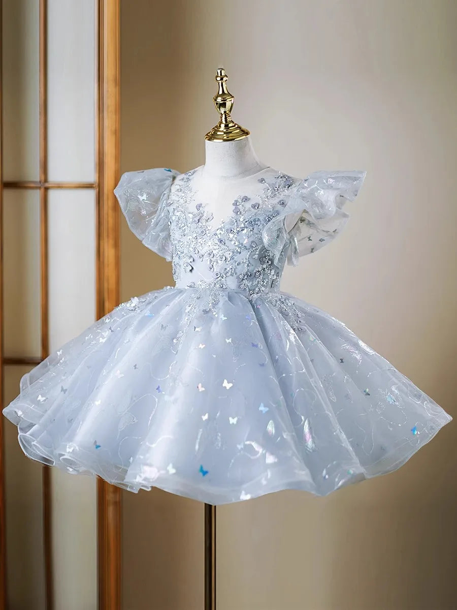 Blütenblattärmel Kleid Pailletten Mädchen Prinzessin Kleider Klavier Performance Kleider Teenager Kleidung Fliegende Ärmel Tutu Ballkleid.