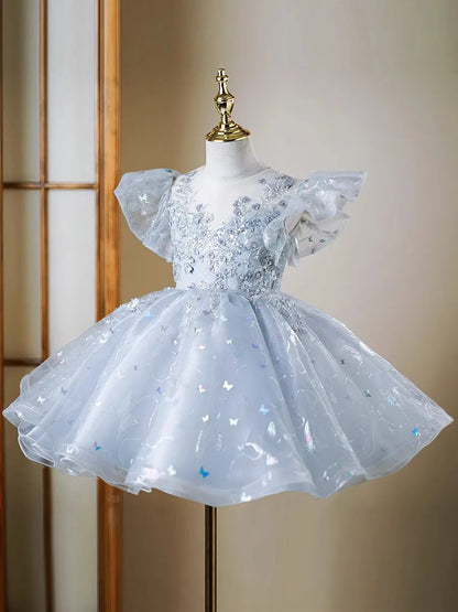 Blütenblattärmel Kleid Pailletten Mädchen Prinzessin Kleider Klavier Performance Kleider Teenager Kleidung Fliegende Ärmel Tutu Ballkleid.