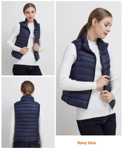 0-10 ℃   Frauen Westen Herbst Winter Ultra Licht Ente Unten Weste Weibliche Dünne Ärmellose Jacke Winddicht Warme Puffer Weste 4XL