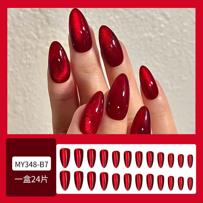 24pcs Glossy Red Cat's Eye Press On Nails Full Cover Nude Color Wearable Almond False Nails Charms Detachable Fake Nail For Girl.