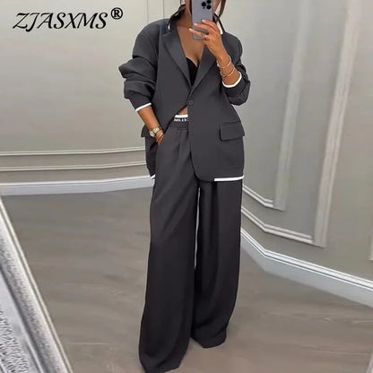 Autumn Single Button Lapel Top Blazer And Pant Suit Sets Woman Elegant Solid Two Piece Outfits Winter Long Sleeve Commuter Suits.