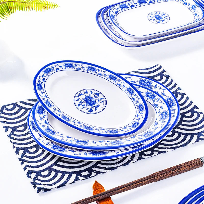 Melamine Chinese Style Blue and White Porcelain Tableware Creative Oval Dinner Plate.
