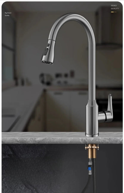 Kitchen Faucets Fine copper gun gray kitchen sink pull-out faucet household sink washbasin rotating hot and cold faucet