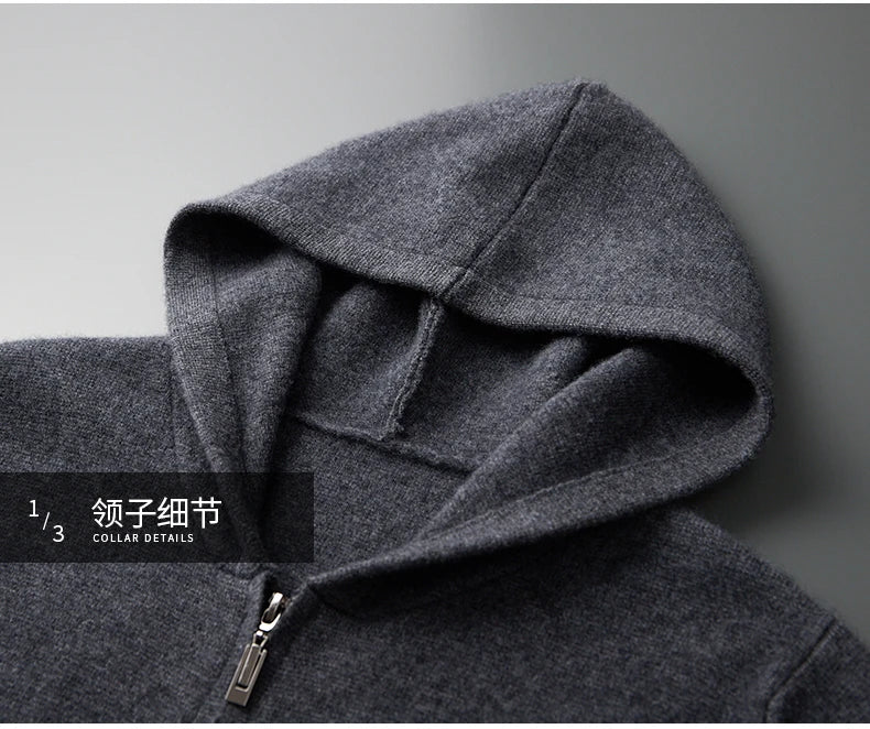 Men's 100% Cashmere Sweater Zipper Hooded Cardigan Warm Air Layer Thickened Jacket Jacquard Casual Knitted Wool Sweater.
