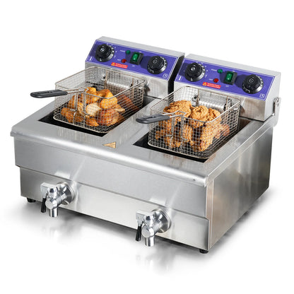 SucceBuy 12L Commercial Electric Deep Fryer w/Dual Tanks 3000W  Stainless Steel Countertop Fryer for Fried Chicken French Fries.