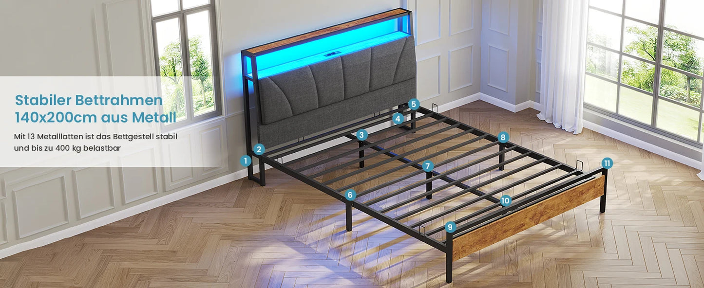 Metallbettgestell 140 x 200 cm mit LED-Beleuchtung, Kopfteil und Ladestation, integriertes Metallbett 140 x 200 mit Gitterbraten