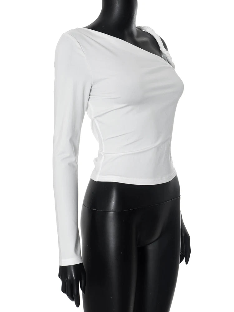 kliou Incline Shoulder Women T-shirts Classic New All-matched Single Sleeve Strap Skinny Crop Tees Mujer Chic Fashion Street Top.