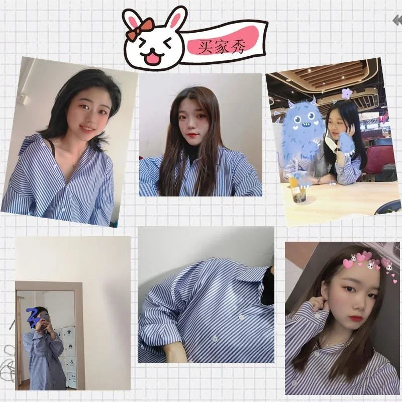 Women Shirt Blouse Blue Vertical Striped Shirt Women's Autumn Clothing Loose Long Sleeve Shirt Blusas Mujer.