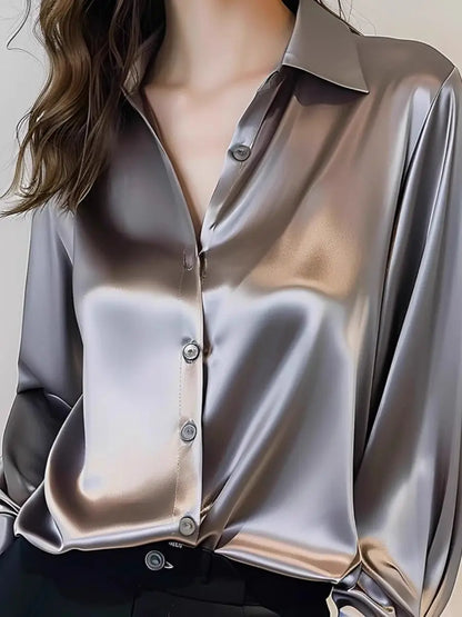 2025 Summer Women's Satin Shirts Elegant Plain Long Sleeve Blouse Office Lady Button-Up Shirt Top Female Shirts Blouse Autumn.