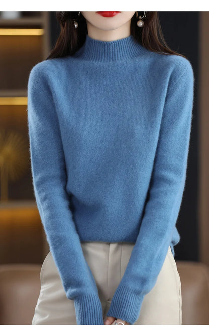 Herbst Winter Frauen Pullover Koreanische Mode Warme Bodenbildung Shirts Halb Hohe Kragen Grundlegende Strickwaren Solide Langarm Pullover