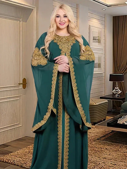Partykleider für Frauen, Abaya, muslimischer Kaftan, 2-teiliges Set, Eid-Flare-Ärmel, Robe, bestickt, goldene Spitzenkleid, Anzug, Jalabiya Ramadan.