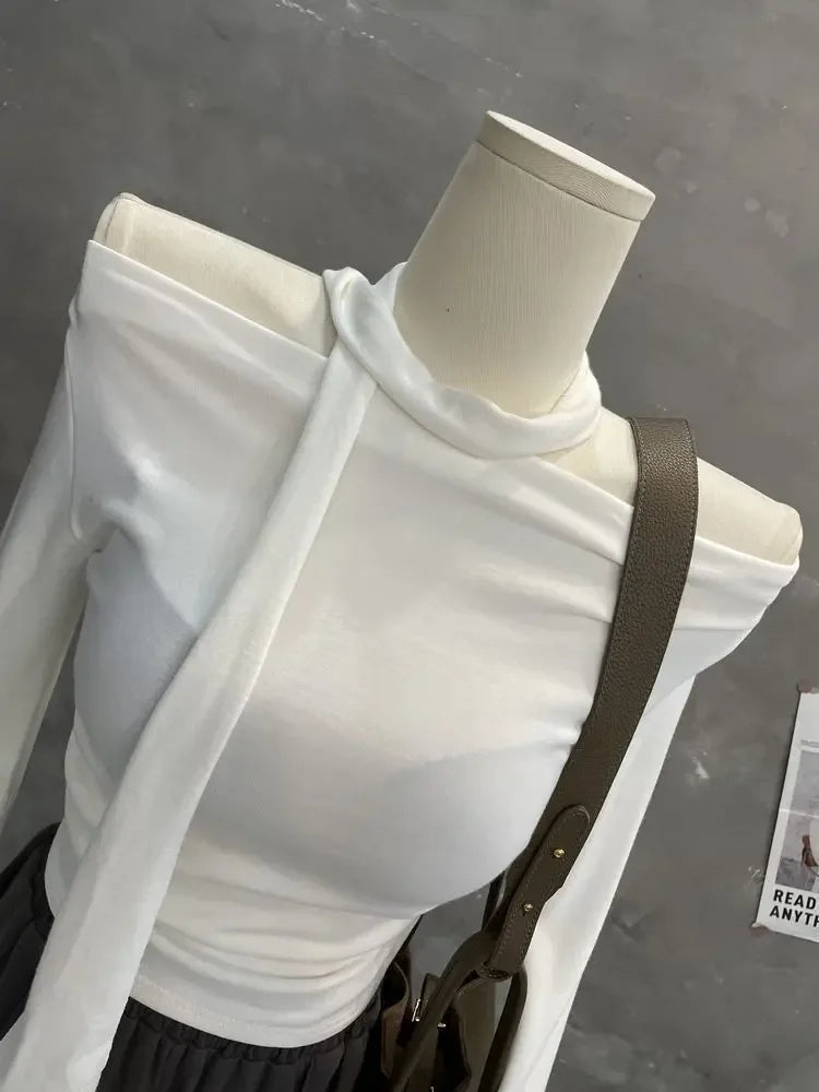Sexy One-Shoulder Long Sleeve T-Shirt with Scarf Short Flared Sleeve Blindfolded Entry Base Shirt Tight Short Crop Top.