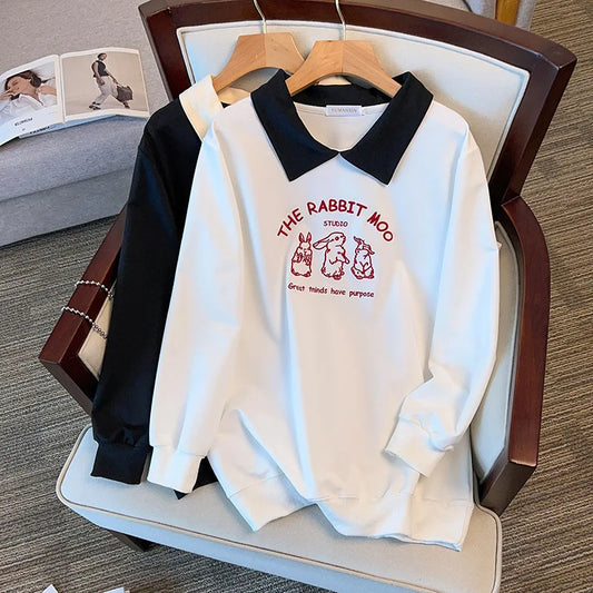 175kg plus size Damen büste Frühling Herbst lose besticktes Sweatshirt schwarz weiß groß 5xl 6xl 7xl 8xl 9xl
