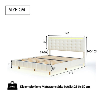 Rosahqnda Polsterbett 160 x 200 cm, Doppelbett mit LED- und USB-Anschluss, schwebender Bettrahmen, Beige, Leinen