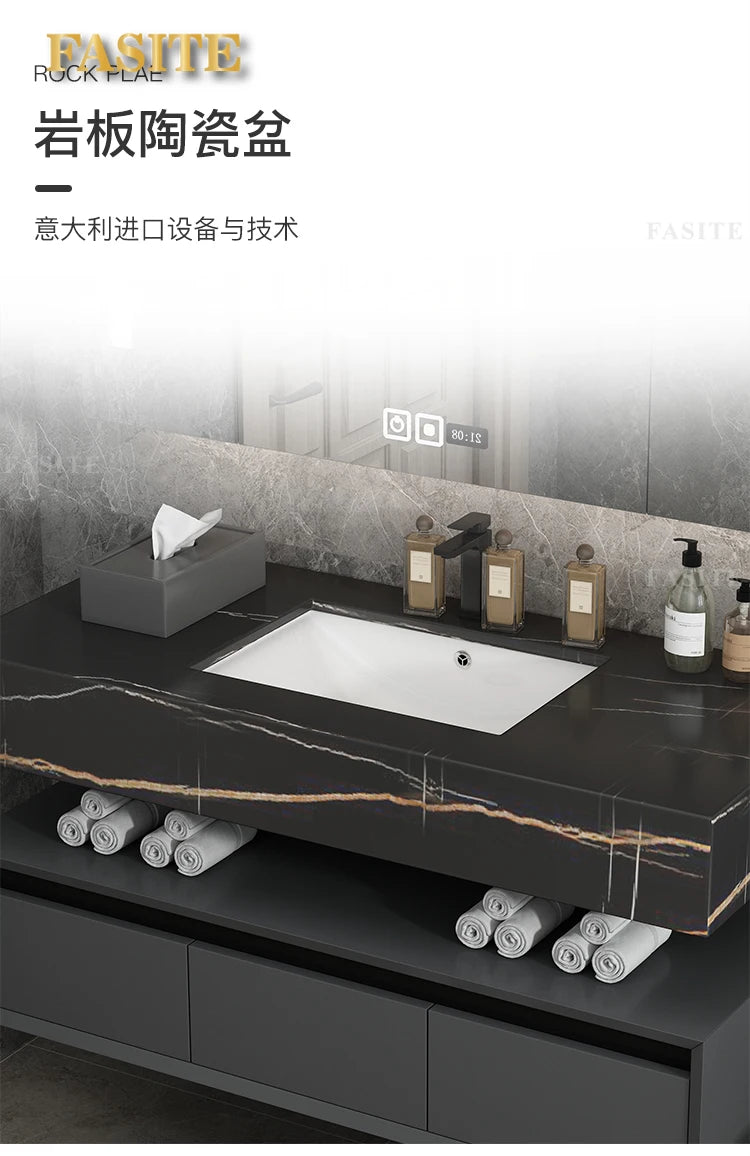 Leichter, luxuriöser Badezimmerschrank aus Steinplatten, integriertes Waschbecken, kombiniertes Waschbecken, WC-Waschbecken, nordischer einfacher Spiegelschrank