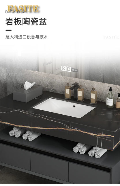 Leichter, luxuriöser Badezimmerschrank aus Steinplatten, integriertes Waschbecken, kombiniertes Waschbecken, WC-Waschbecken, nordischer einfacher Spiegelschrank