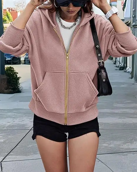 New Solid Color Zipper Splicing Hooded Coat, Women's Autumn Leisure Loose Sports Hooded Long Sleeve Coat Sweatshirt.