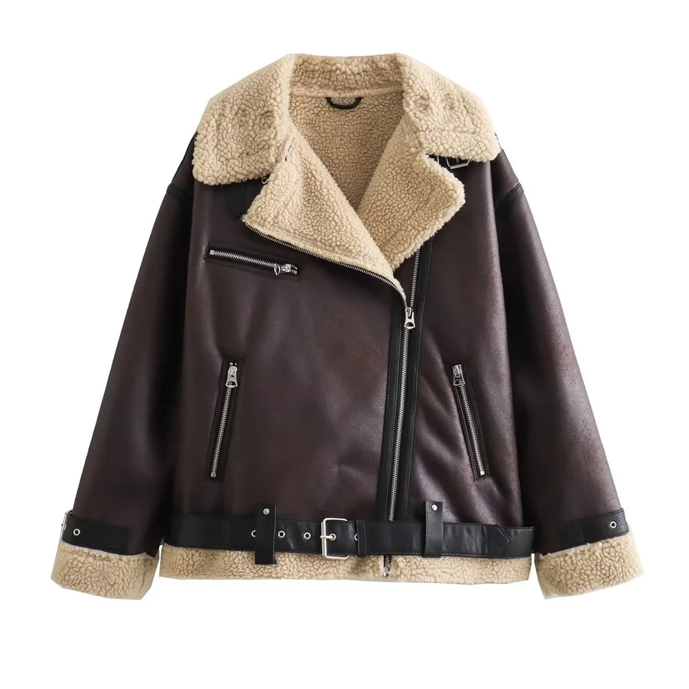 2023 Autumn/Winter New Women's Wear New Fashion Casual Loose Versatile Leather and Fur One Piece Jacket Coat.