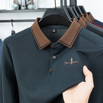 Men's Polo Shirt Long Sleeve Luxury Brand Autumn Winter Lapel Collar Button Business Casual Classic Office Warm T-shirt Menswear.
