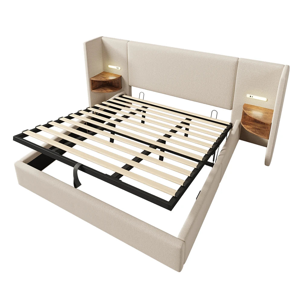 KOMHTOM Polsterbett mit Nachttisch, Leselampe und USB Type-C Ladefunktion, Leinen (Ohne Matratze)