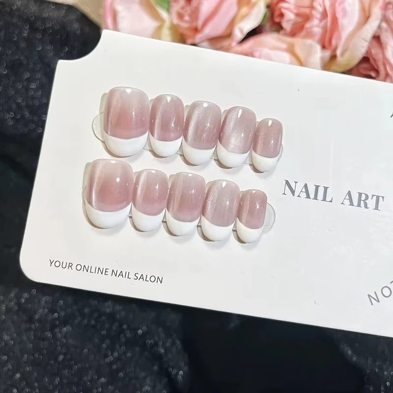 10pcs Handmade Press on Nails Plaid Pearl French Cat's Eye Aurora Fishtail Full Coverage Nail Tip for Women&Girl Removable Nail.