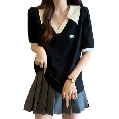 Plus Size Women's Casual Polo Neck Short Sleeve T-Shirt Slimming Belly Cover Summer Age Defying Shoulder Level Top.