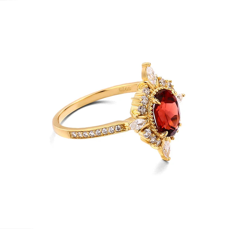 LAMOON Vintage Gemstone Ring Natural Garnet Rings For Women 925 Sterling Silver K Gold Plated Crystal Wedding Engagement RI182.