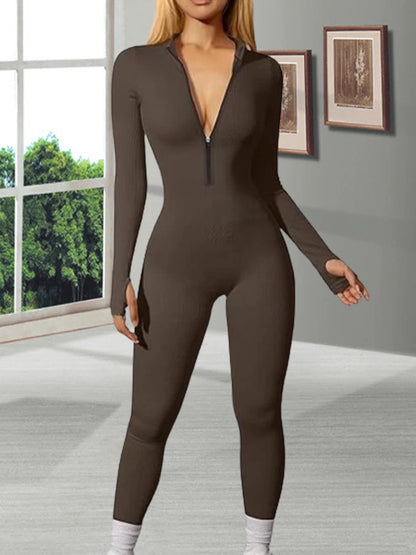 Woman Fall Tight Long Sleeved Zipped Slim-fitting Long Romper Female High Waist Solid Color Ribbed Sports Sexy Hot Girl Jumpsuit.