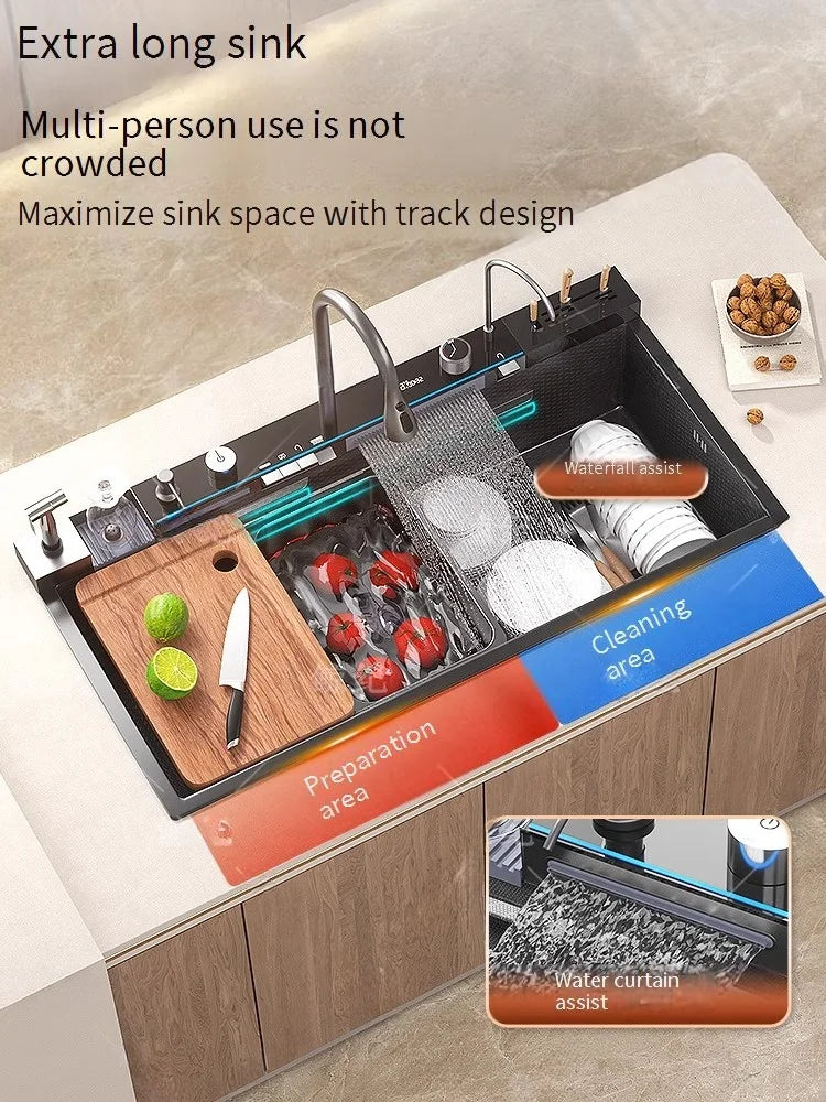 Edelstahl-Wasserfall-Küchenspüle, Digitalanzeige, Wasserhahn-Set, geprägt, extra groß, Einzelschlitz, mehrere Spülmaschinen