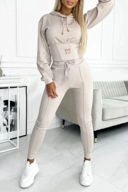 Casual Solid Color Hooded Slim Long-sleeved Top And Wide-sleeved Pants Suit Women 2025 Spring Top Lace-up Pants Suit For Women.