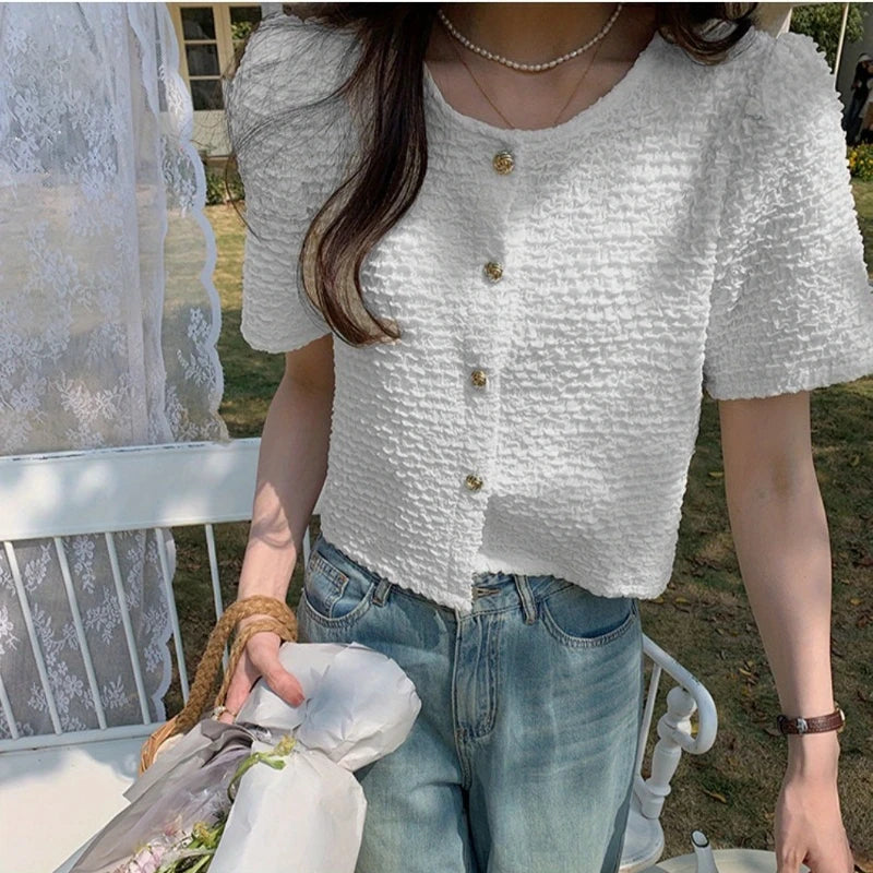 New Summer Short Sleeve O-Neck Women Shirt Sweet White Shirt Blouse Women Tops 2025 Blouses Shirts Blusas Para Mujer Blusa XL183.