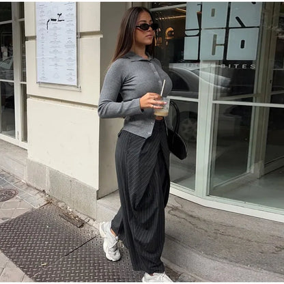 Chic Zwei Tasten Gestreiften Gefaltete Hosen Frauen Lose Taschen Breite Bein Hosen Weibliche 2026 Frühling Dame Pendeln Alle-spiel hose Neue