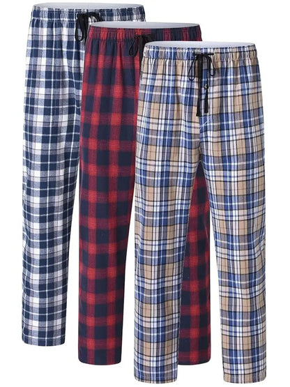 3Pcs Men's 100% Cotton Plaid Pajama Sleeping Pants, Long Plaid Print Sleepwear Pajama Pants with Elastic Waist Homewear