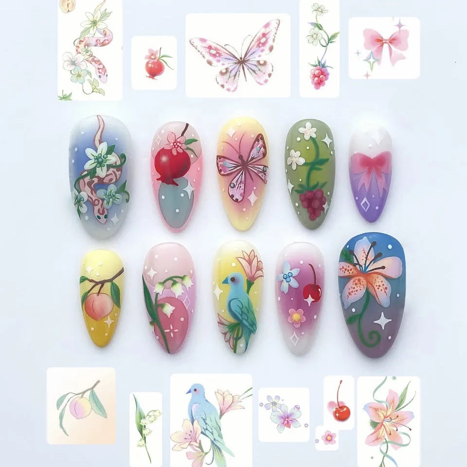 24pcs Flower Print Press on Nails Wine Red Blush Almond False Nail Tips Wearable Reusable Summer Spicy Girl Fake Nails.