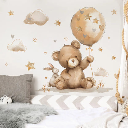 Cute Bear Moon Star Wall Stickers for Kids Rooms Girls Boys Baby Room Decoration Kawaii Cartoon Animal Nursery Wallpaper Vinyl