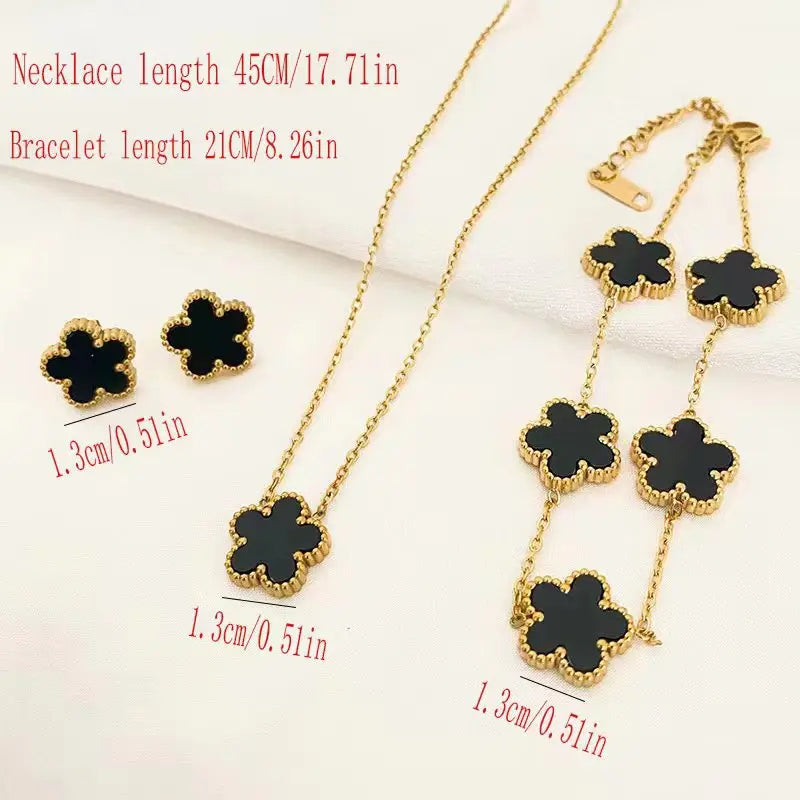3Pcs Luxury Black Red Green White Plum Blossom Plant Five Leaf Flower Necklace Earrings Bracelet Jewelry Sets For Women.
