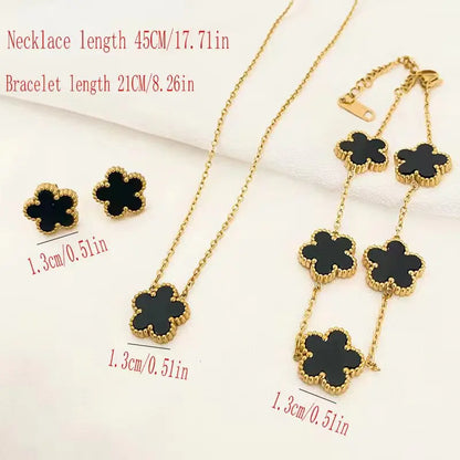 3Pcs Luxury Black Red Green White Plum Blossom Plant Five Leaf Flower Necklace Earrings Bracelet Jewelry Sets For Women.