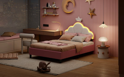 Lazyspace Samt-Polsterbett, LED-Kopfteil in Wolkenform mit dekorativer Krone, rosa Bettrahmen für Mädchen