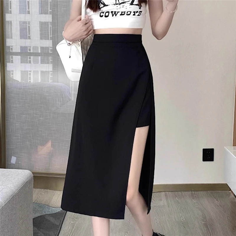 2023 New High Waist Hip Skirt Irregular Slit Black Skirt for Women Summer Mid-length A-line Harajuku Vintage Women Clothing.