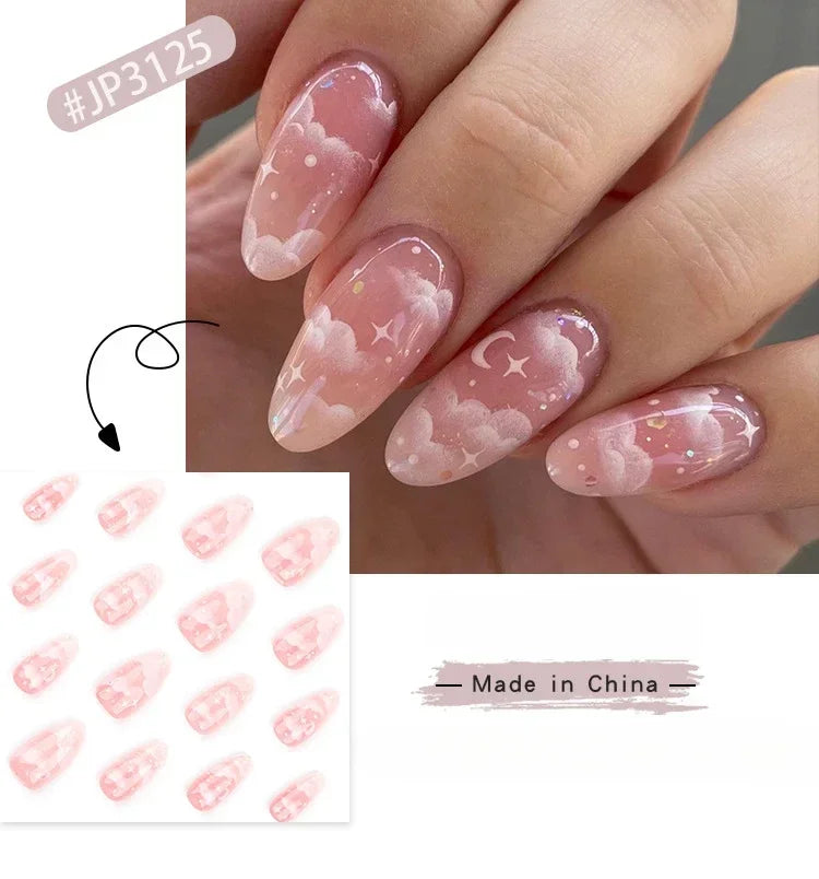 24Pcs Pink Cloud Sweet Star Moon Acrylic Nails Press on Almond Wearable Full Cover False Nails Art Tips Fingernail Beauty.