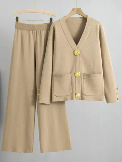 2 Piece Sets Muslim Ensemble Knitting Outfits Women Cardigan Sweater Buttons Pockets Knit Wide Leg Pants Suit Casual Knitwear.