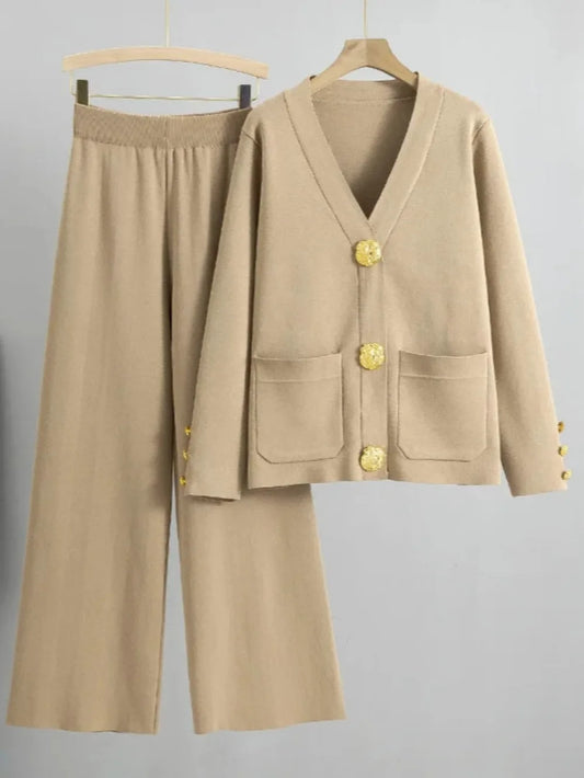 2 Piece Sets Muslim Ensemble Knitting Outfits Women Cardigan Sweater Buttons Pockets Knit Wide Leg Pants Suit Casual Knitwear.