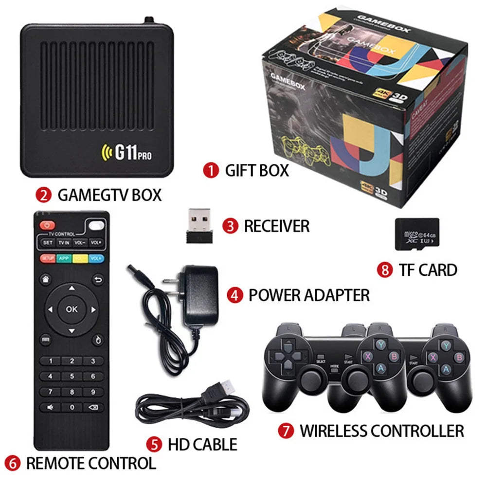 G11 Pro Retro Game Box Built in 10000+ Retro Games Plug and Play 4K HDMI-Compatible Output with 2.4G Wireless Dual Controllers.